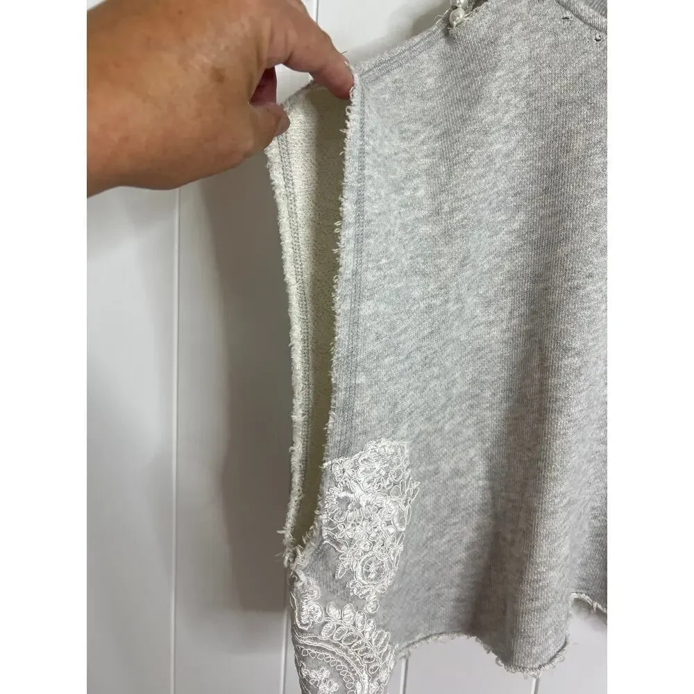 Free People Cropped Gray Sweatshirt with Bead and Lace Applica Size Large - Picture 7 of 7